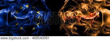 Flags Of Eu, European Union Vs Myanmar, Magway Division. Smoke Flag Placed Side By Side On Black Bac