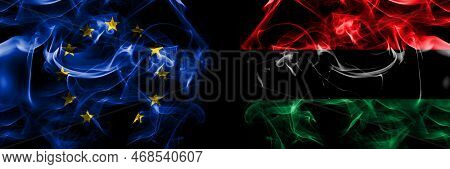 Flags Of Eu, European Union Vs Organizations, Pan African, Unia. Smoke Flag Placed Side By Side On B