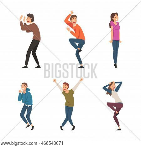 Panicked Scared People Set. Stressed Terrified Emotional Men And Women Characters Cartoon Vector Ill