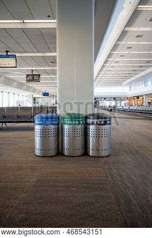 San Francisco, Dec 12, 2022. Recycling Bins Are Diposed In The Corridors Near The Gates Inside San F