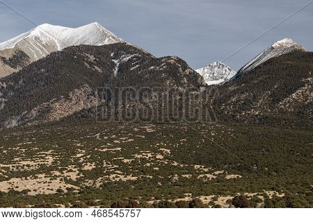13,580 Foot Twin Peaks And Distant 14,042 Foot Ellingwood Point Rise Above A Large A Long Alluvial F