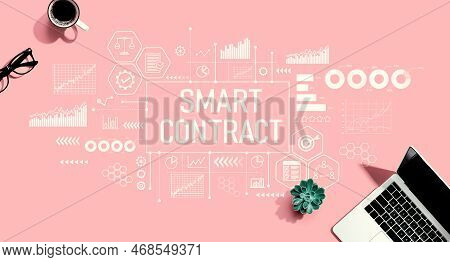 Smart Contract Theme With A Laptop Computer On A Pink Background