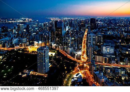 Aerial View Of The Skyline And Cityscape At Sunset In Minato, Tokyo, Japan