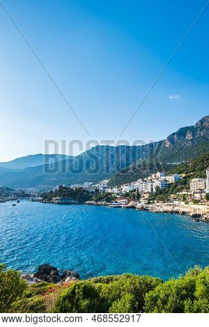 Kas Landscape And Sea View, A Popular Resort Town Near Antalya, Turkey. Kas Cityscpae And Landscape