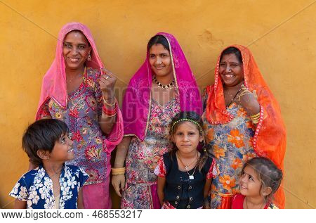 Jaisalmer, Rajasthan, India - 15th October 2019 : Smiling And Happy Rajasthani Women And Children In