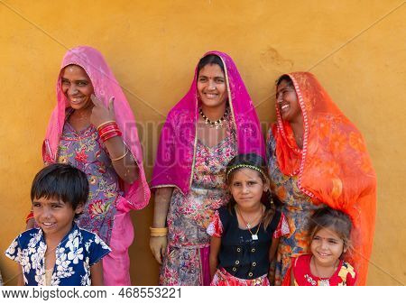 Jaisalmer, Rajasthan, India - 15th October 2019 : Smiling And Happy Rajasthani Women And Children In