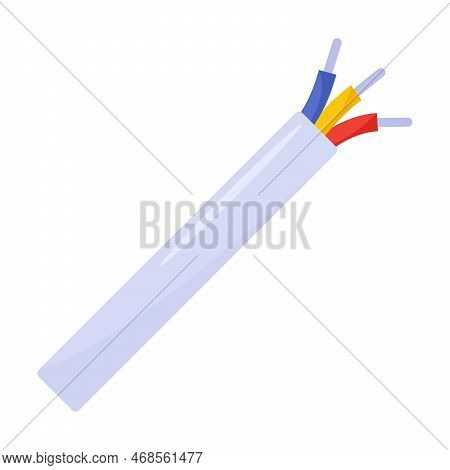 Cartoon Piece Of Three Core Insulated Cable Isolated On White. Electrician Tool. Vector Illustration
