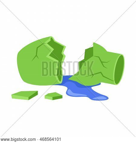 Broken Pot Vector Illustration. Fallen Down Houseplant, Flowerpot On Floor Isolated On White Backgro