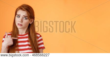 Offended Innocent Timid Redhead Girl Hurt Feelings, Hear Upsetting Accusations, Pointing Herself Fro