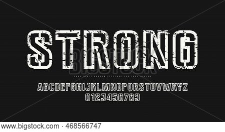 Hollow Stencil-plate Sans Serif Font In Military Style. Letters And Numbers With Rough Texture For L