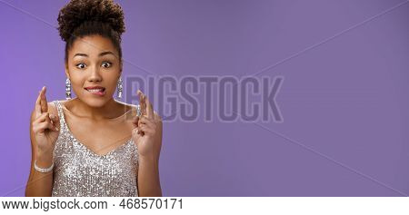 Excited African-american Girl Excited Eager Win Cross Fingers Good Luck Biting Lip Desire Anticipati