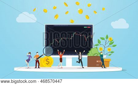 Stock Market Concept With People Man And Woman Happy On Candlestick Monitor Screen For Investment Wi