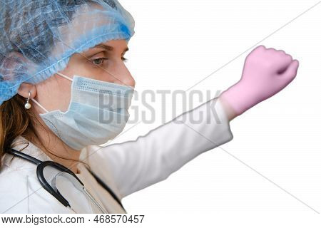 The Doctor Came To The Patient And Knocks To Enter The House, Isolated On A White Background