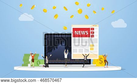 Buy On News Concept For Trading In Stock Market With People And Money Investment With Modern Flat St