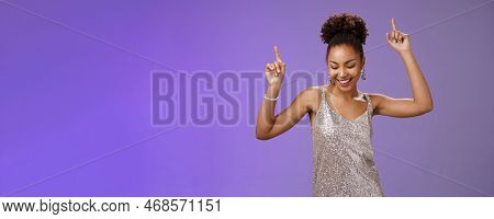 Good-looking Carefree African-american Girl Student Have Fun Prom Dancing Night Club Smiling Delight