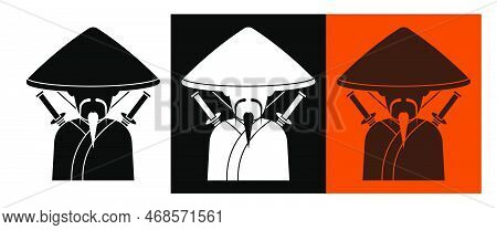 Silhouette Of Japanese Samurai With Beard In National Straw Hat. Ancient Warrior In Traditional Dres