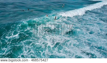 Aerial View Of Surfers Waiting For The Wave. Sri Lanka, Midigama