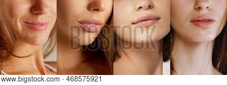 Lips, Chins, Shoulders. Set Of Cropped Images Of Diverse Women With Well-kept Young Skin Without Mak