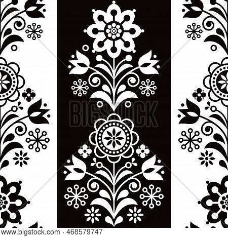 Scandinavian Seamless Folk Art Vector Pattern, Floral Epetitive Design, Nordic Ornament With Flowers