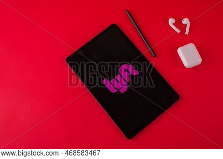 Tula, Russia - October 19, 2020: Lyft Displayed Modern Laptop On Red Background