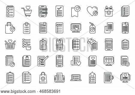 Wishlist Icons Set Outline Vector. Document Page. Heart Plus