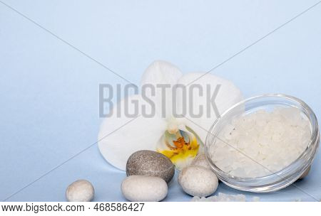 Spa Wellness Concept.pebbles Rocks In Pyramid Sea Salt And Orchid Flower