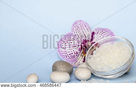 Spa Wellness Concept.pebbles Rocks In Pyramid Sea Salt And Orchid Flower