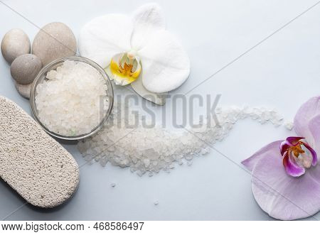 Spa Wellness Concept.pebbles Rocks In Pyramid Sea Salt And Orchid Flower
