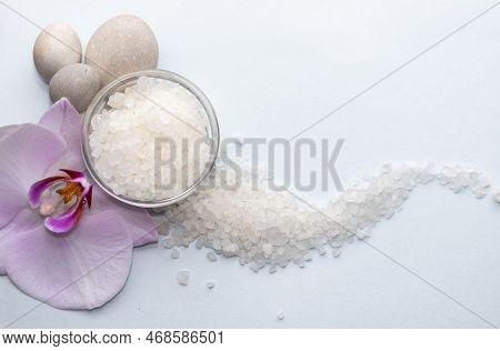 Spa Wellness Concept.pebbles Rocks In Pyramid Sea Salt And Orchid Flower