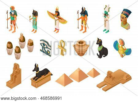 Egyptian Mythology Isometric Set Of Gods Nefertiti Eye Of Horus Anubis Dog Tomb Ankh Coptic Cross Is