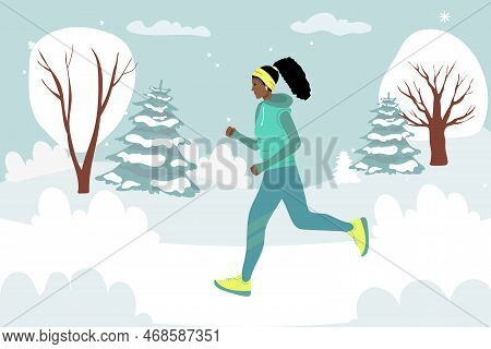Running Sporty Afro American Woman In A Jacket, Warm Clothes Runs Against Background Of Winter Lands