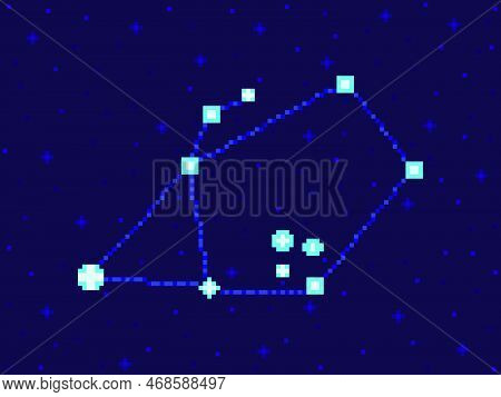 Auriga Constellation In Pixel Art Style. 8-bit Stars In The Night Sky In Retro Video Game Style. Clu