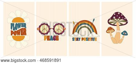 Set Of Groovy Hipie Vertical Posters In 60s.70s Stayle. Goovy Backgrounds With Rainbow,mushroom,dais