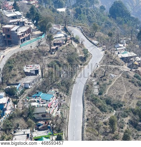 Aerial Top View Of Traffic Vehicles Driving At Mountains Roads At Nainital, Uttarakhand, India, View
