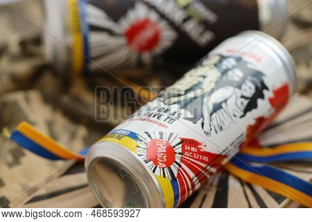Kyiv, Ukraine - May 4, 2022 Localy Brewed Beer Called Fights Will Go On As Long As They Have To Feat