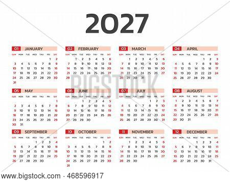 Calendar 2027 Year Vector Illustration, Set Of 12 Calendar, Week Starts On Sunday, Simple Planner Te