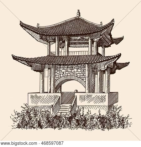 Chinese Traditional Pagoda With Double Tiled Roof. Quick Line Art Sketch