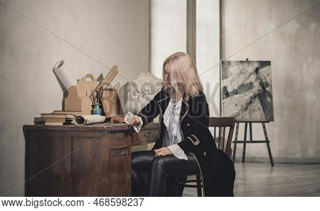 Victorian Style, Velvet Coat And White Shirt Androgyny Vintage Fashion. Vampire Era Clothes