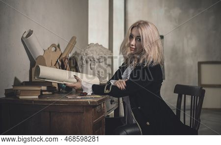 Victorian Style, Velvet Coat And White Shirt Androgyny Vintage Fashion. Vampire Era Clothes