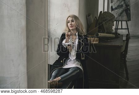 Victorian Style, Velvet Coat And White Shirt Androgyny Vintage Fashion. Vampire Era Clothes