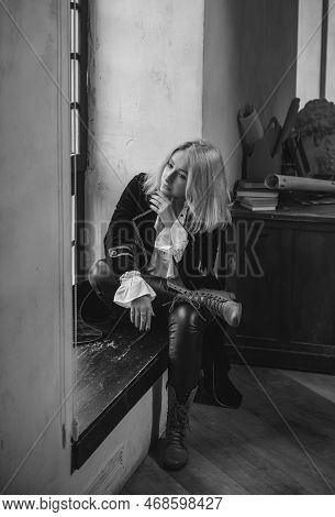 Victorian Style, Velvet Coat And White Shirt Androgyny Vintage Fashion. Vampire Era Clothes