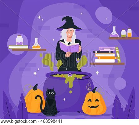 Halloween Hocus Pocus. Witch With Book Stands In Front Of Potion And Reads Spell. Imagination And Fa