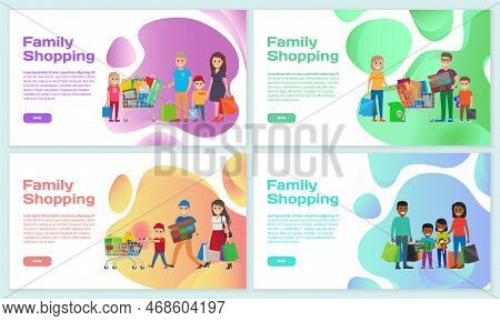 Family People Go With Bags, Supermarket Trolley For Shopping Landing Page Template. Cartoon Smiling 