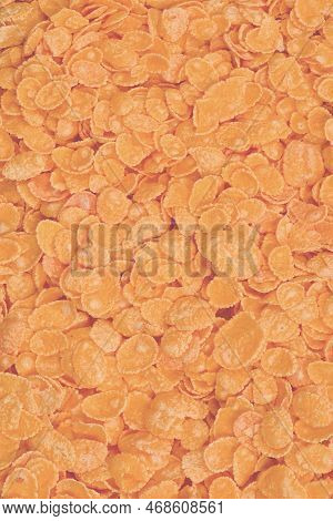 Corn-flakes Background And Texture. Top View. Cornflake Cereal Box For Morning Breakfast.