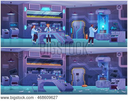 Scientist In Lab Conducts Experiment. Study Of Technology With Equipment Before And After Failed Tes