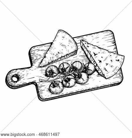 Traditional Italian Cheese Parmegiano And Gorgonzola With Cherry Tomatoes On The Cutting Wooden Boar