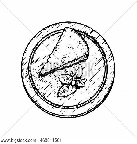 Traditional Italian Cheese Parmegiano Basil Leaves On The Round Cutting Wooden Board. Hand Drawn Ske