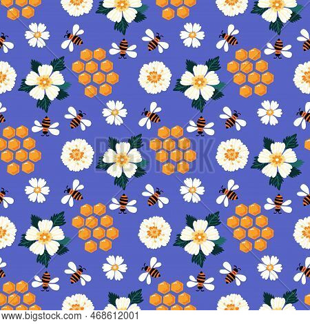 Summer Flat Cartoon Seamless Pattern With Honecomb, Honey Hive  And Bees. Creative  Kids Texture For