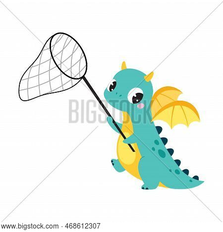 Cute Turquoise Little Dragon With Wings With Catching Net Vector Illustration