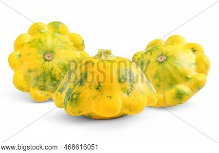 Three Fresh Yellow Pattypan Squashes On White Background